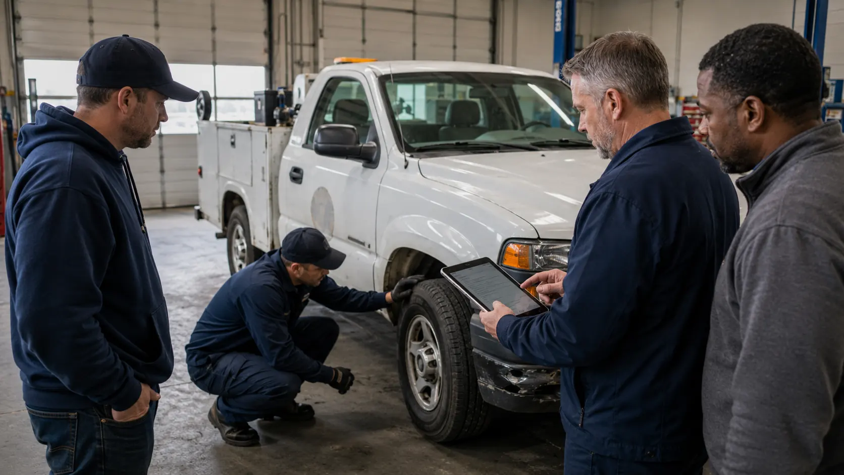 Driver completing a pre-trip inspection checklist on a shared government fleet vehicle