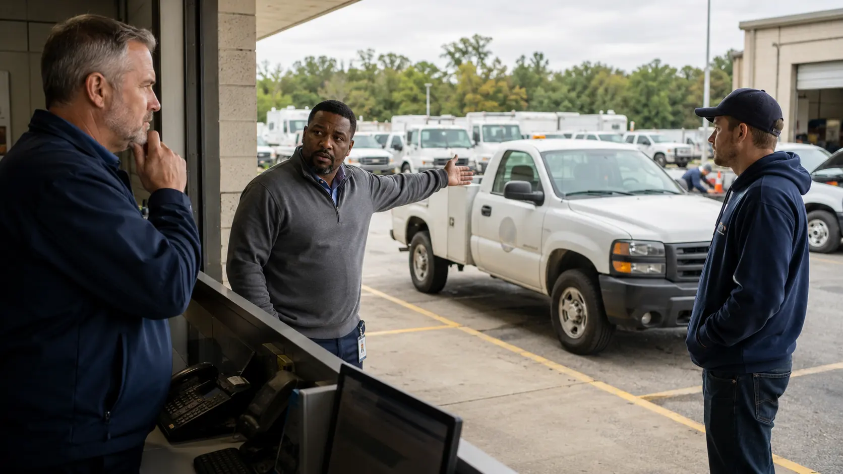 Fleet maintenance technician reviewing a shared government vehicle with no assigned department ownership
