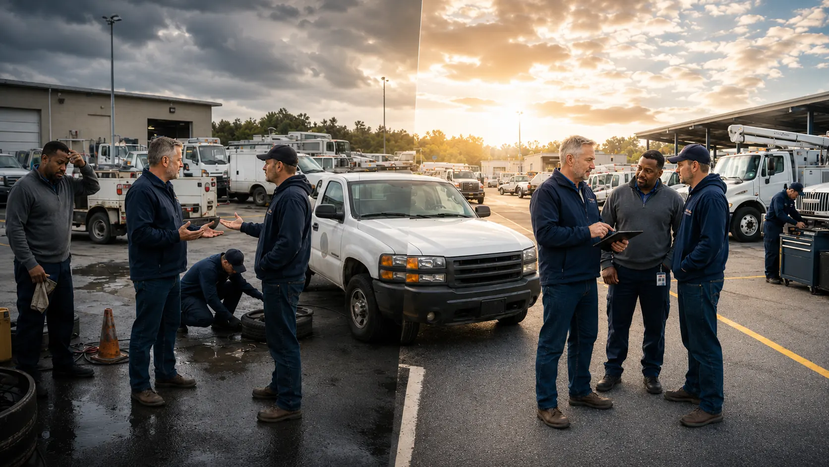 Government fleet vehicles parked in a shared motor pool lot across multiple departments