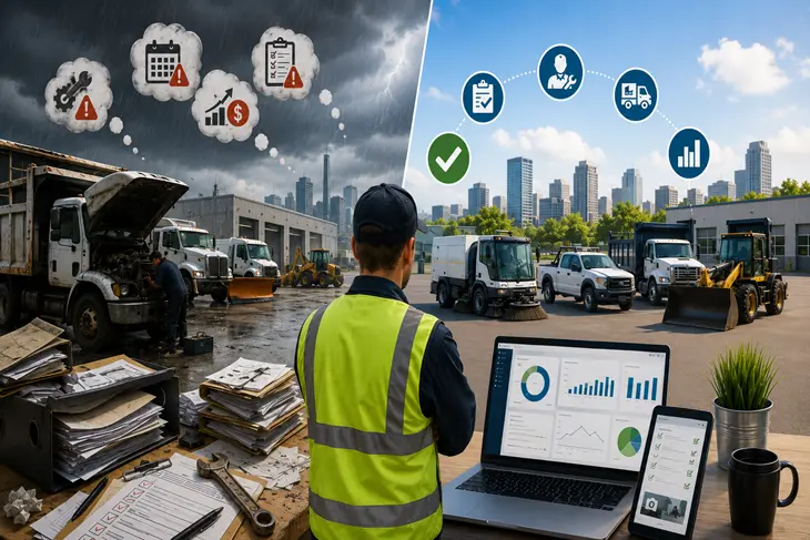 Public works fleet manager reviewing maintenance records for municipal vehicles and heavy equipment