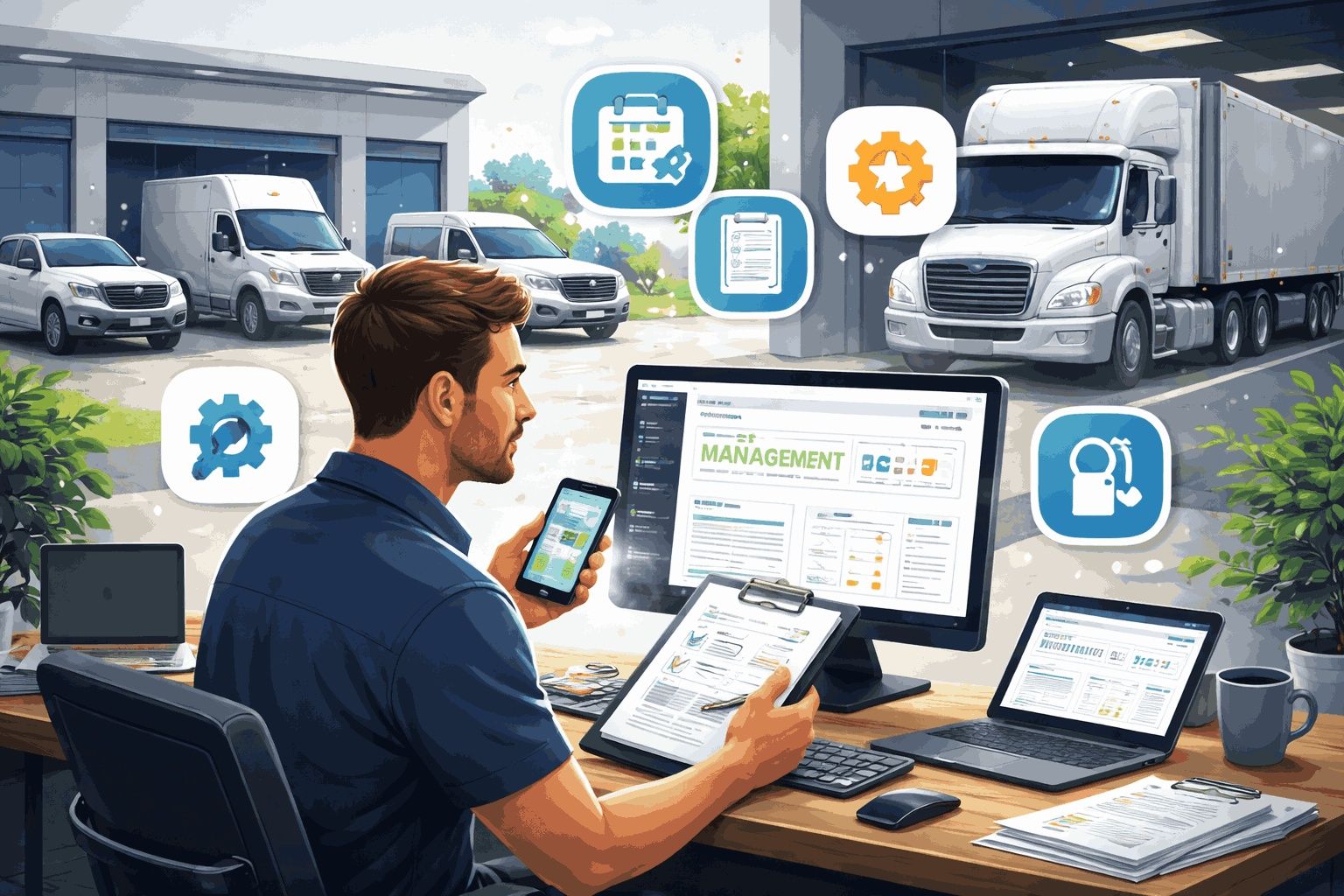 Fleet manager reducing daily administrative workload using digital fleet management tools