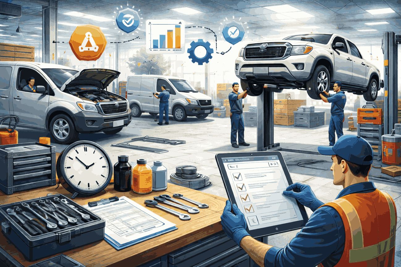 Fleet manager reviewing vehicle maintenance records to reduce mechanical downtime