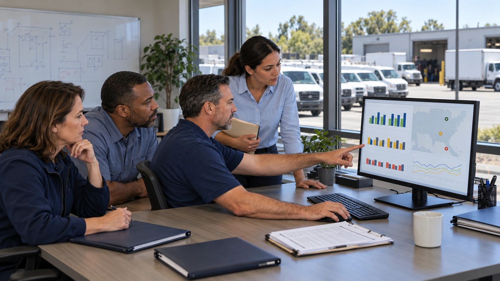 Regional fleet manager comparing performance across multiple sites
