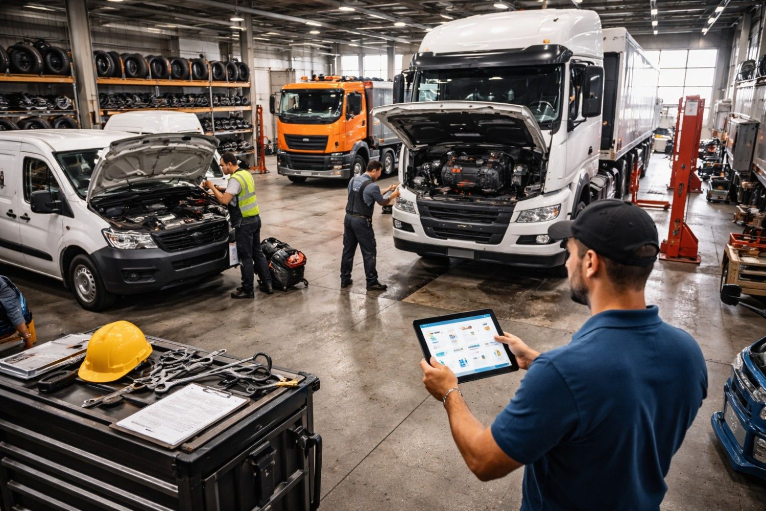 Fleet manager reviewing rising maintenance costs and repair data across a commercial vehicle fleet
