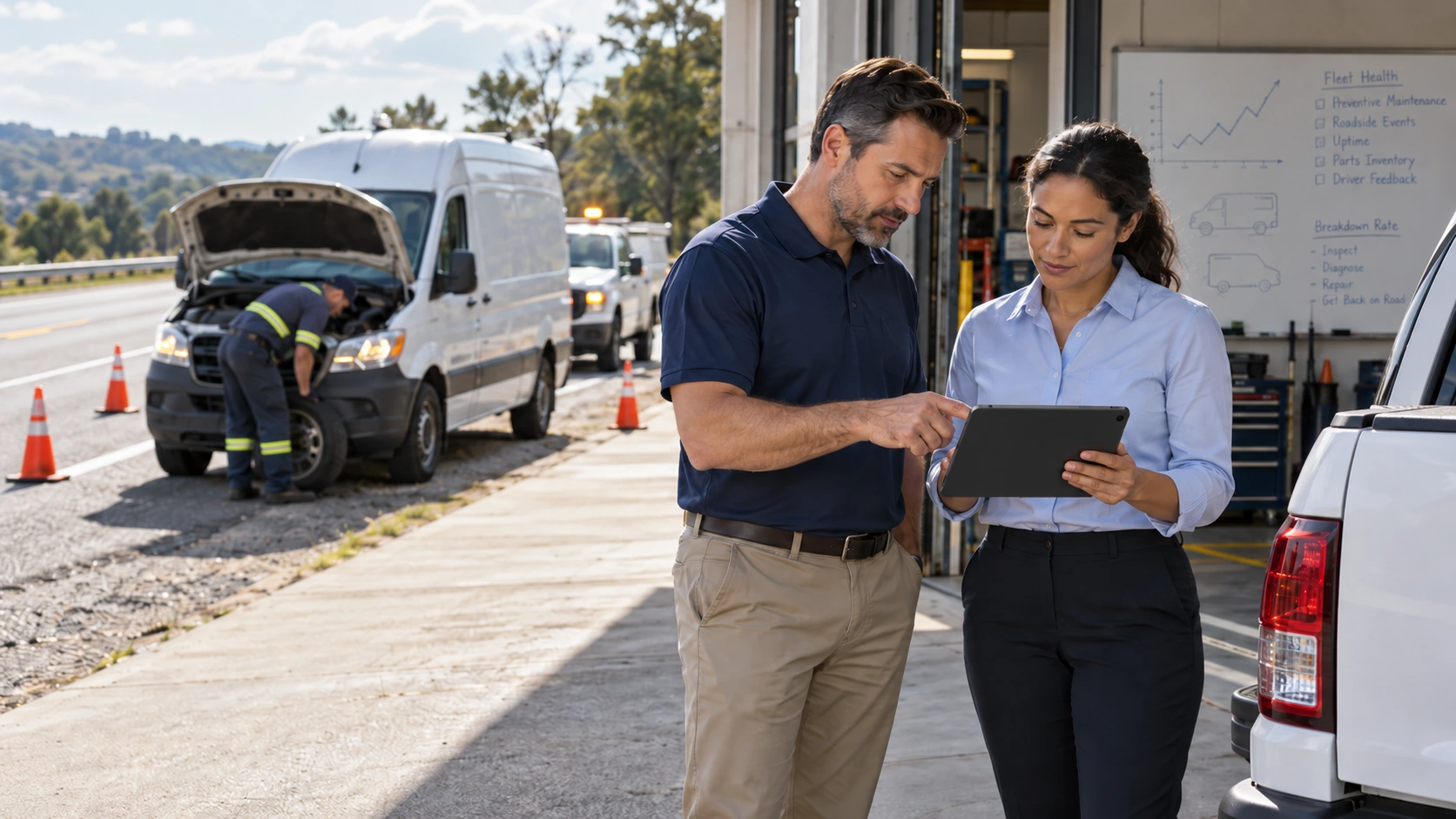 Fleet manager reviewing roadside breakdown rate by vehicle type, failure system, and exposure