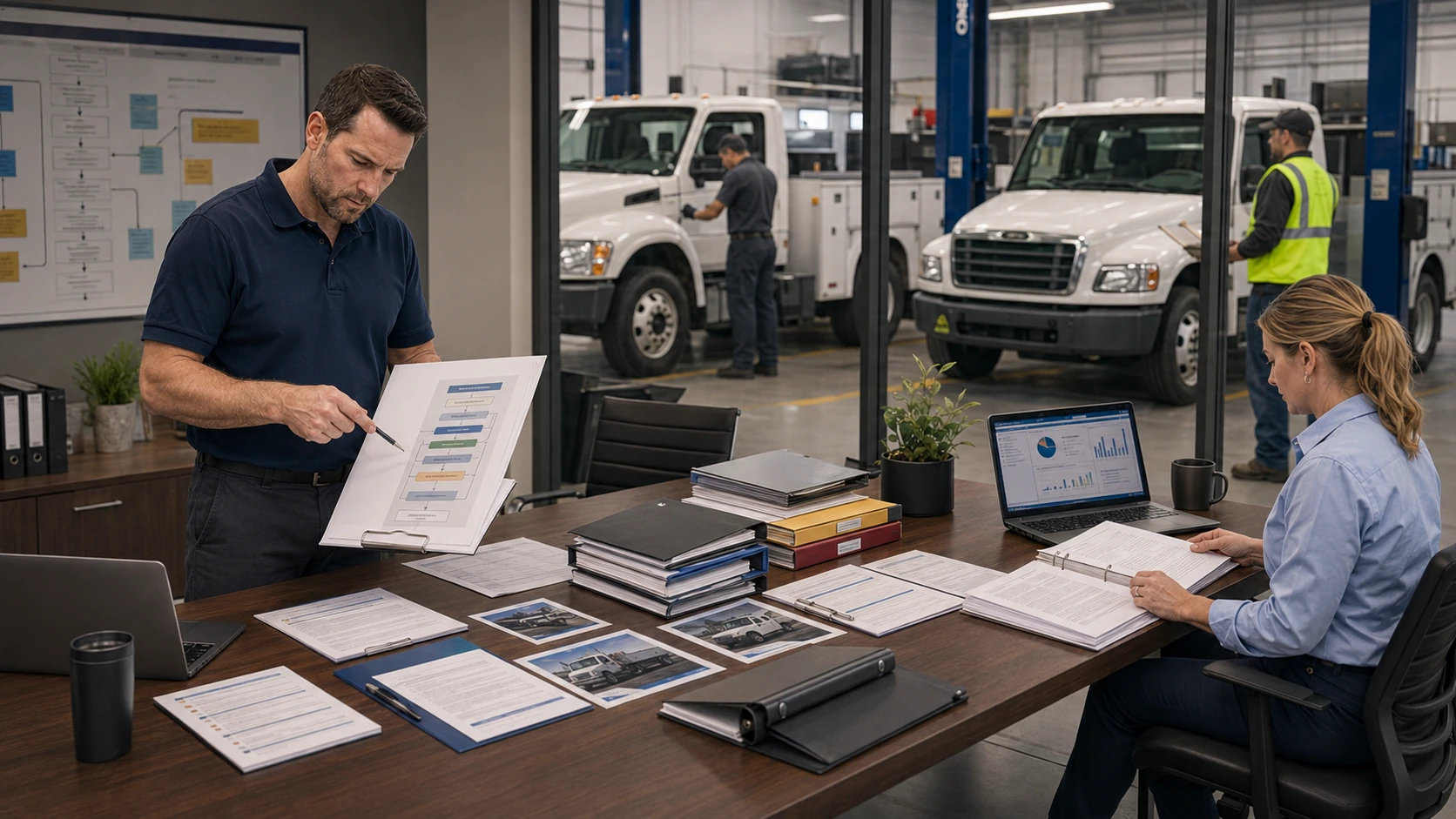 Fleet manager reviewing a defect escalation policy checklist
