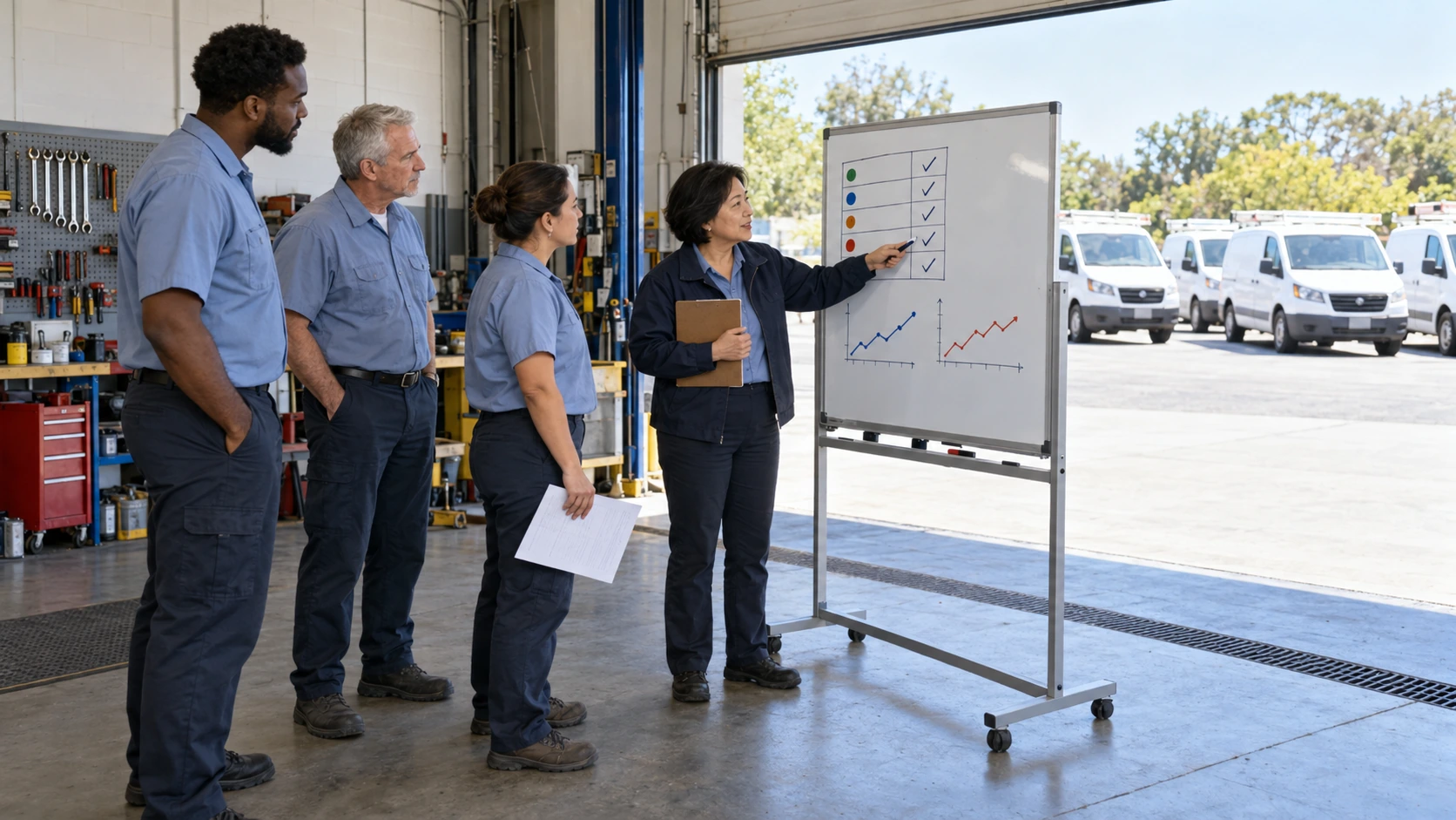 Safety manager reviewing a monthly scorecard for a small school bus fleet