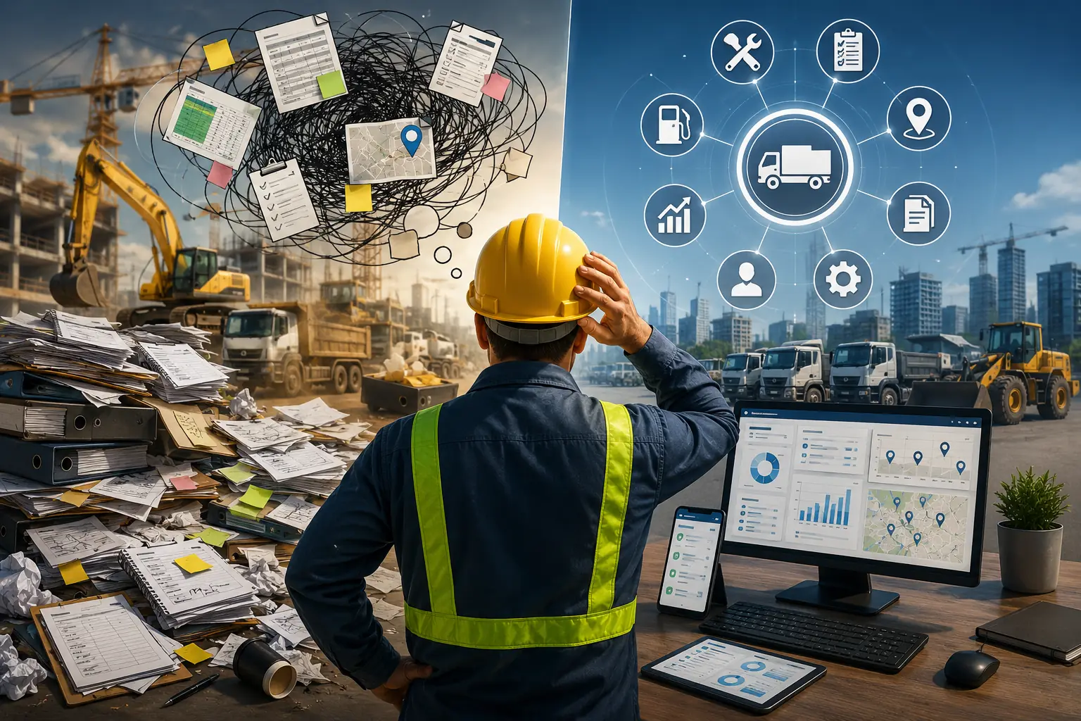 Construction fleet manager reviewing scattered data across spreadsheets and disconnected systems affecting fleet decisions