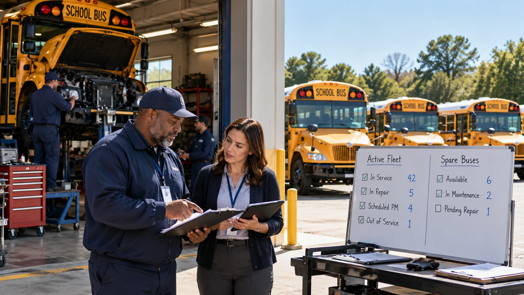 School bus readiness check separating available buses from buses ready for service