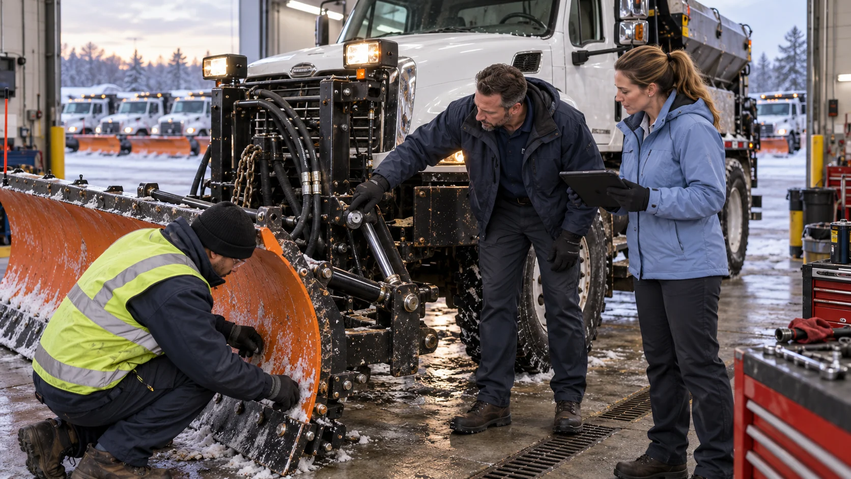 Go or no go dispatch checklist for plow attachment, spreader, fuel, and lighting before a storm