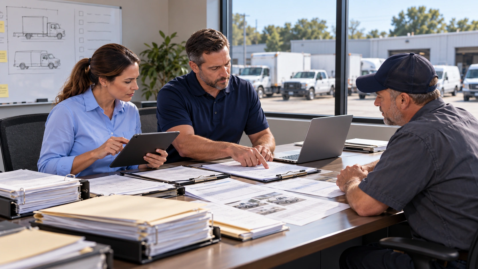 Fleet manager inspecting an acquired vehicle against seller records