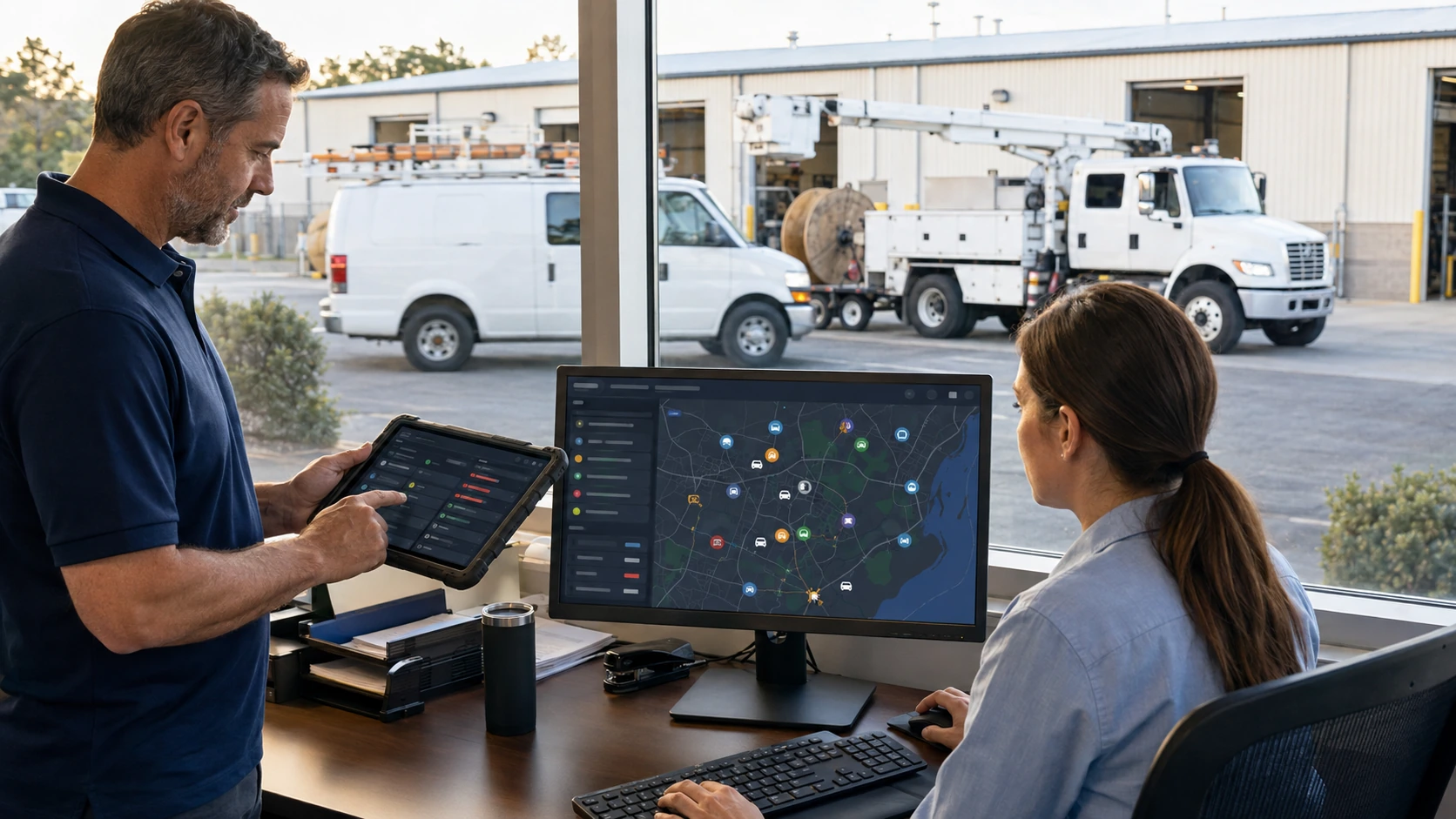 Telecom dispatcher viewing accurate vehicle and equipment locations on a map