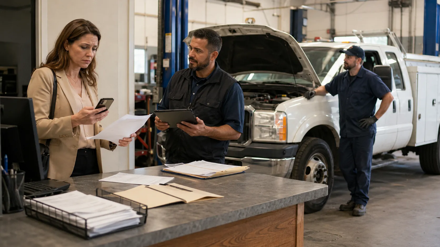 Fleet technician reviewing shared vehicle service history and past inspection records before starting a vendor repair
