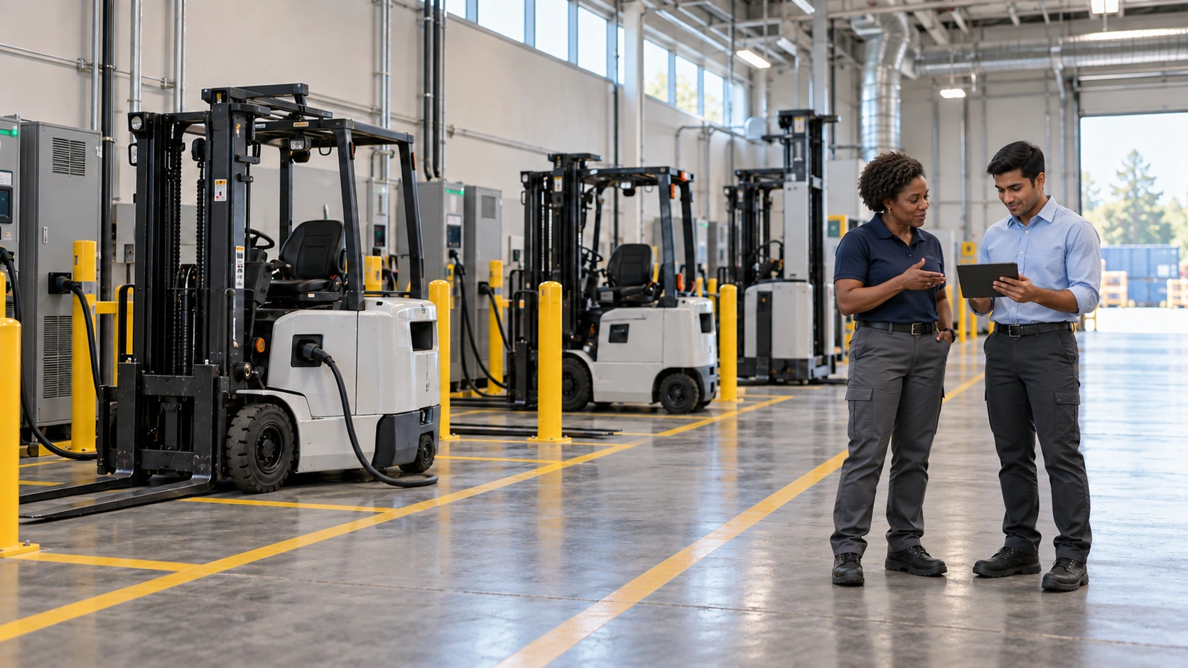 Electric forklifts connected to chargers in a warehouse charging area