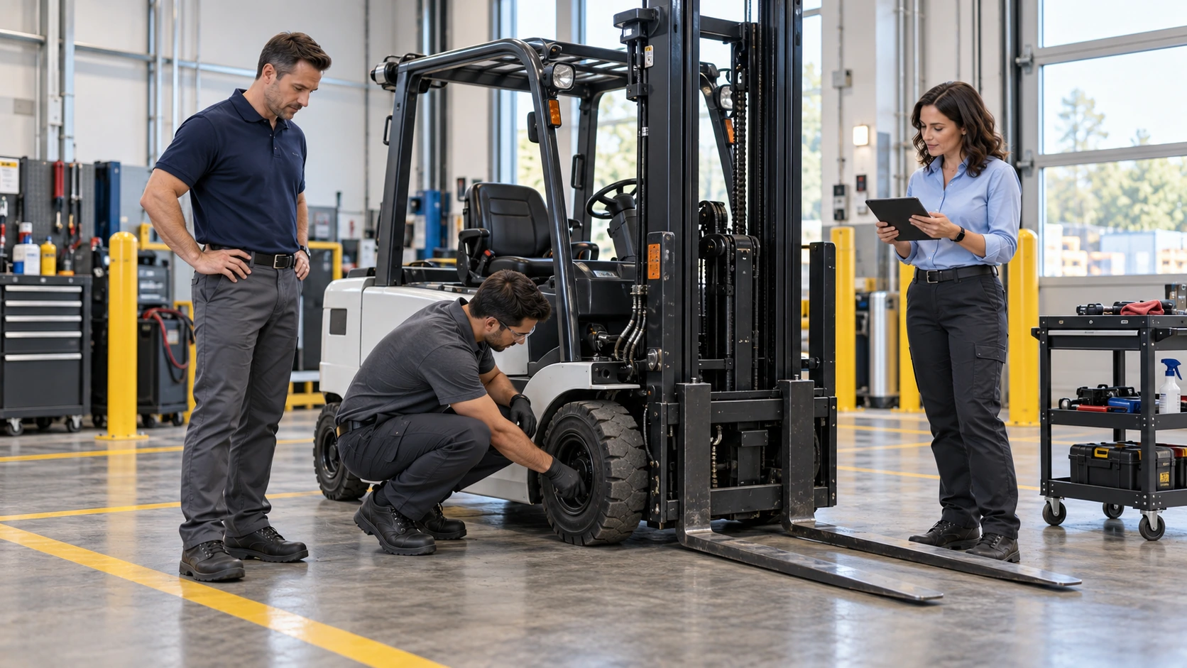 Warehouse operator completing a digital forklift pre-shift inspection