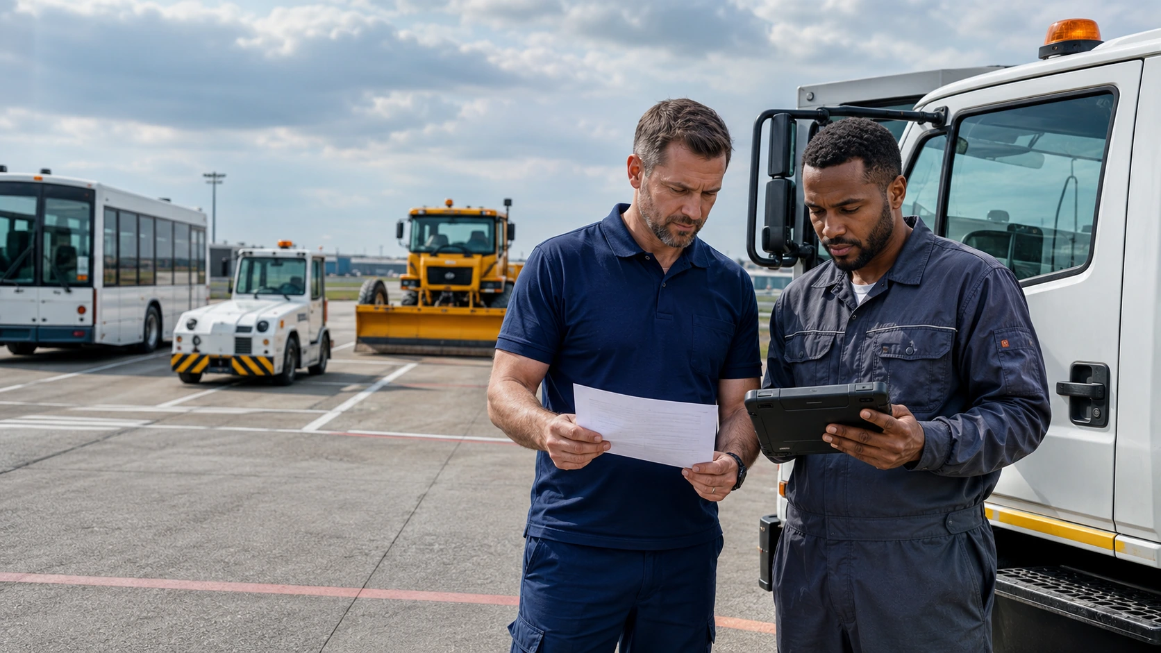 Airport fleet manager preparing vehicle and maintenance records before an audit