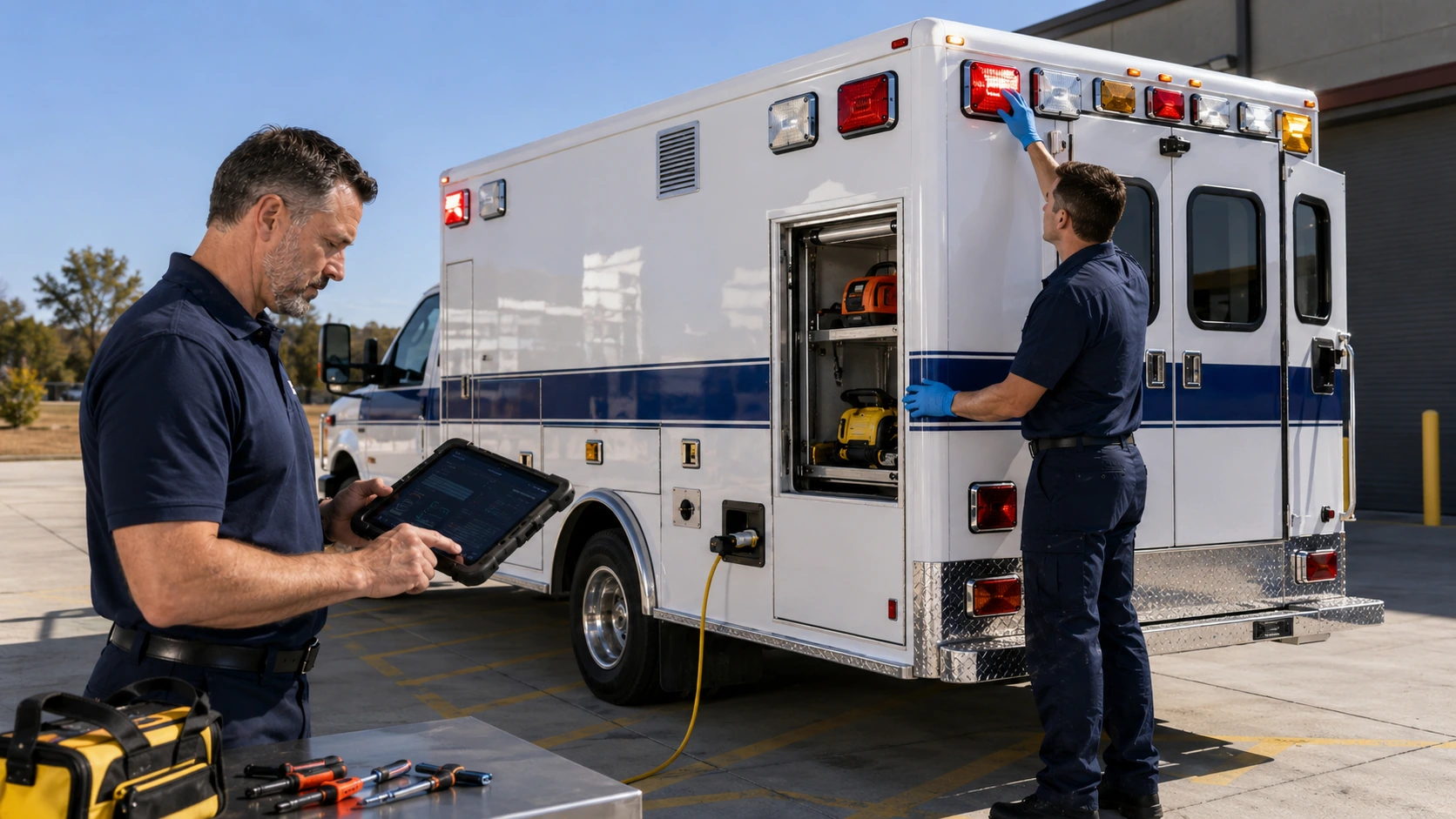 Crew verifying siren, lighting, and patient compartment systems during pre trip inspection
