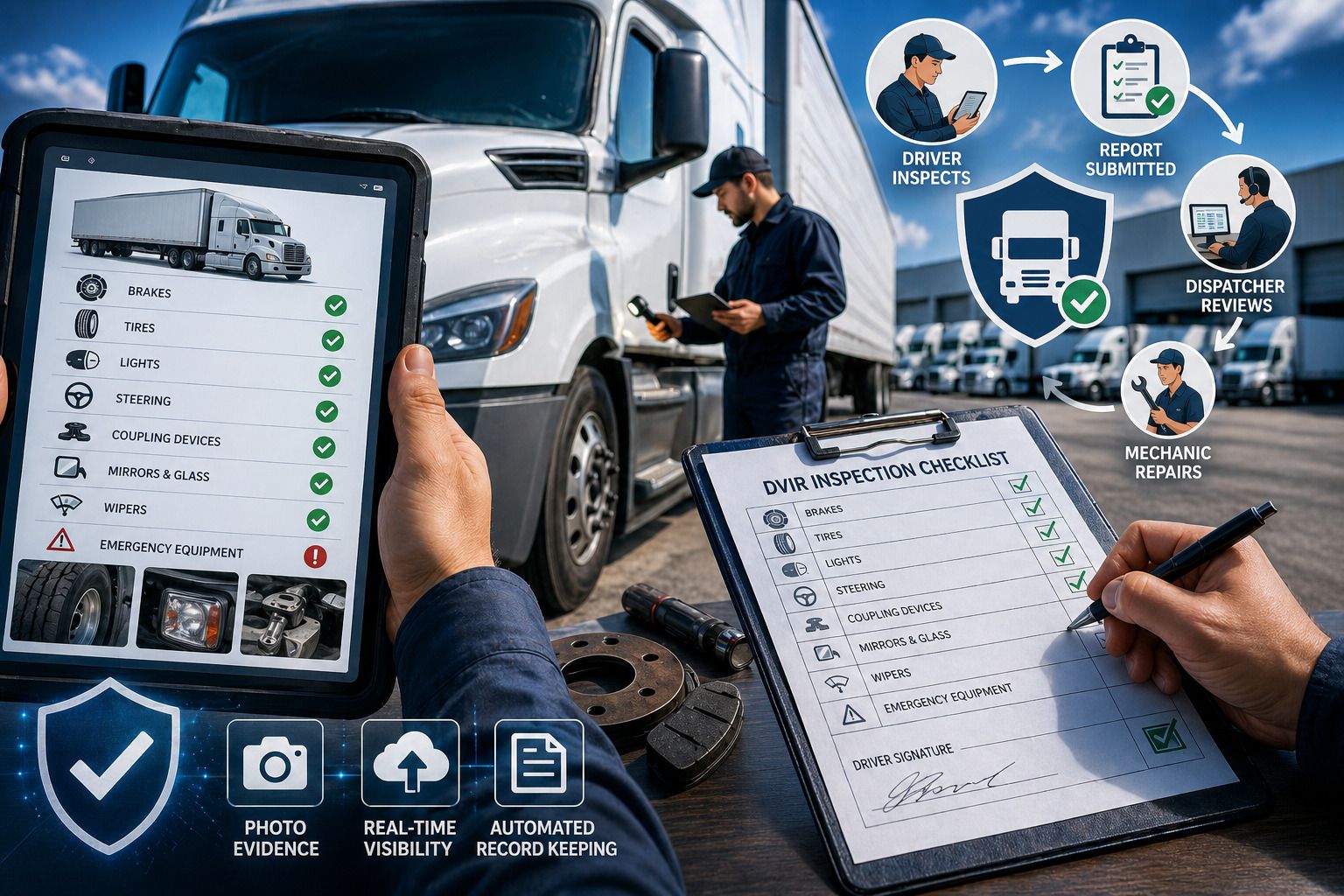 Fleet driver completing a DVIR vehicle inspection report before a trip