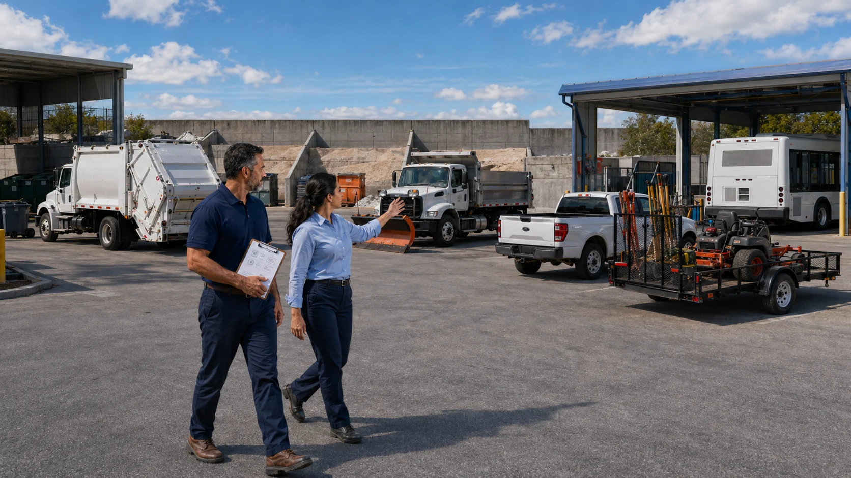 Municipal garage servicing a mix of police, public works, and sanitation vehicles