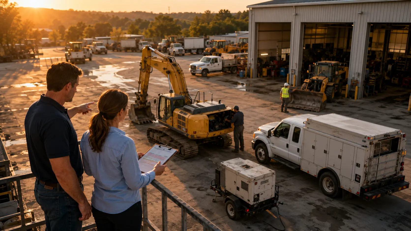 Fleet technician reviewing equipment maintenance schedule with mixed assets in the background