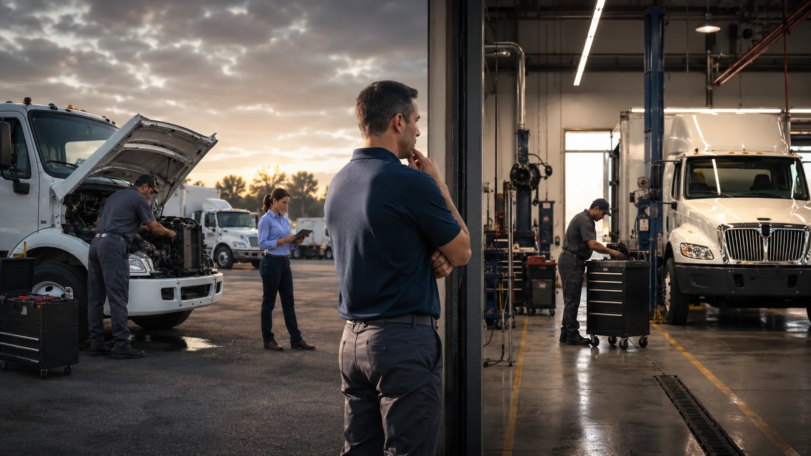Mobile fleet repair technician working on a truck at a yard