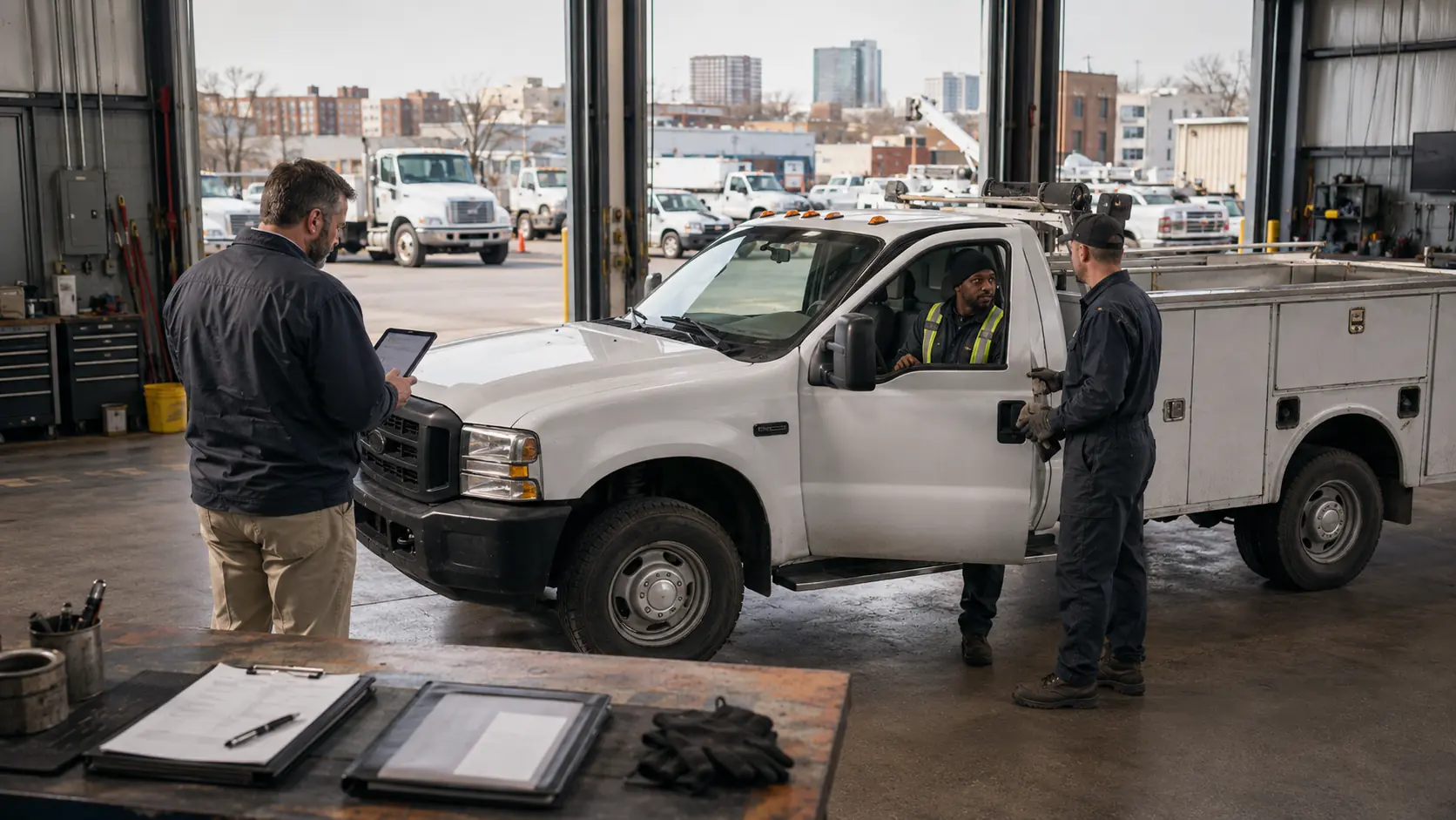 Fleet manager establishing idle time baselines using connected vehicle, fuel, and maintenance data on one dashboard