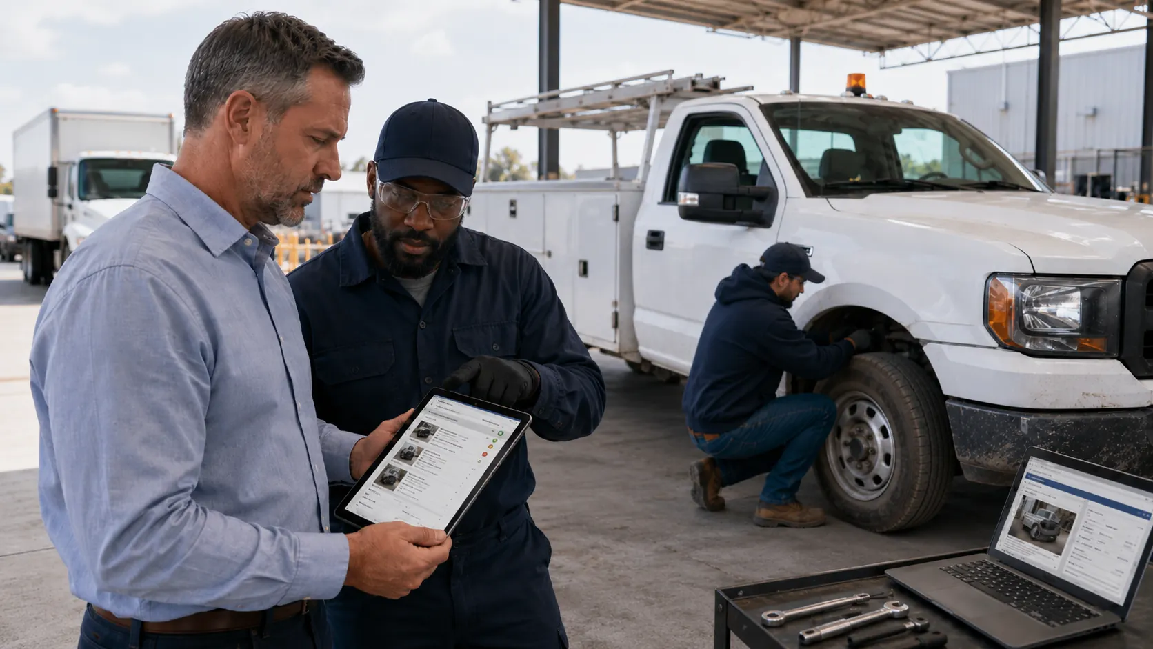 Driver using a digital vehicle inspection app with mandatory fields, photo upload, and timestamped submission to create verifiable inspection records
