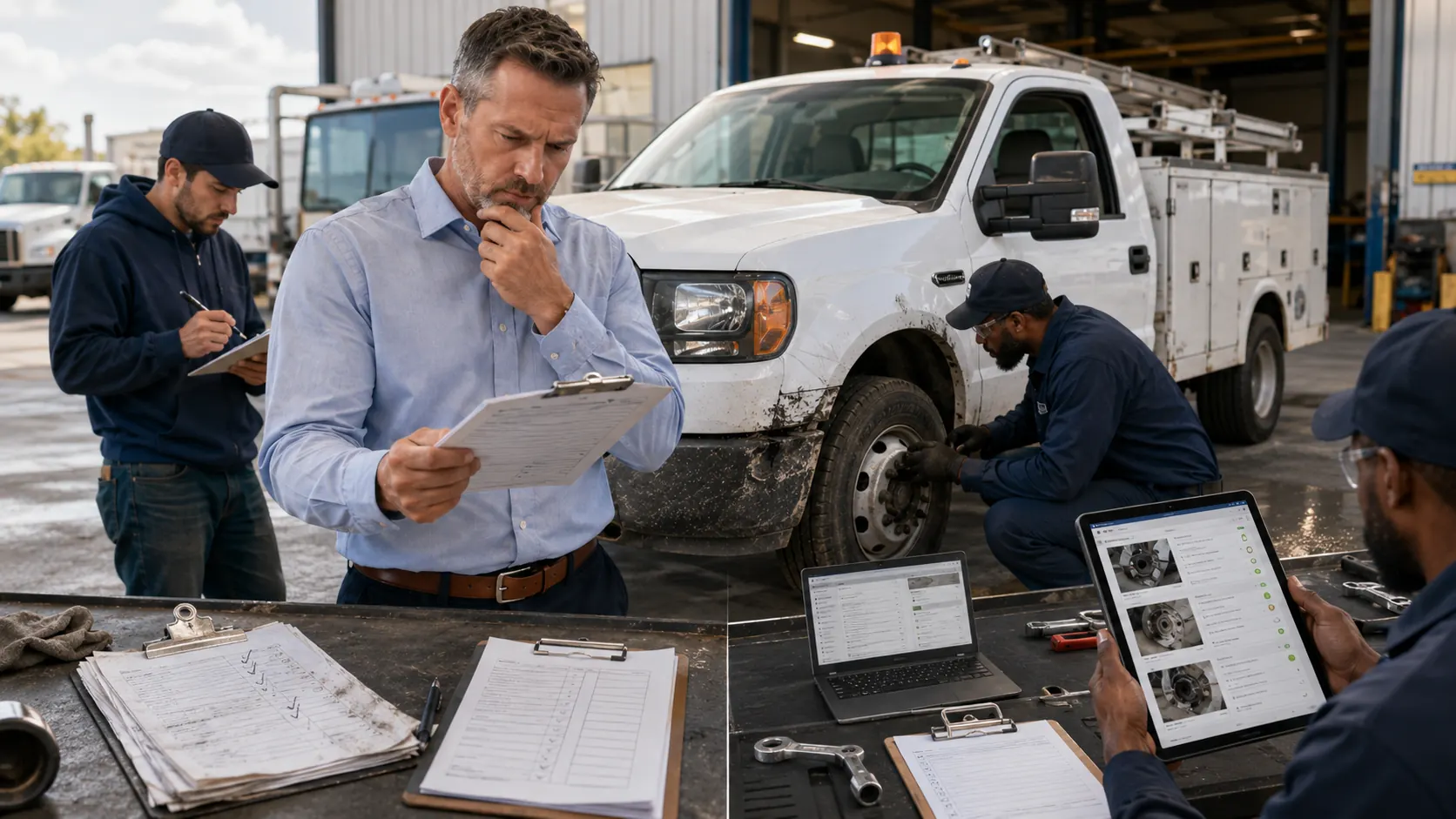 Fleet manager reviewing inspection records that lack photos, timestamps, and repair follow up needed to verify vehicle safety checks