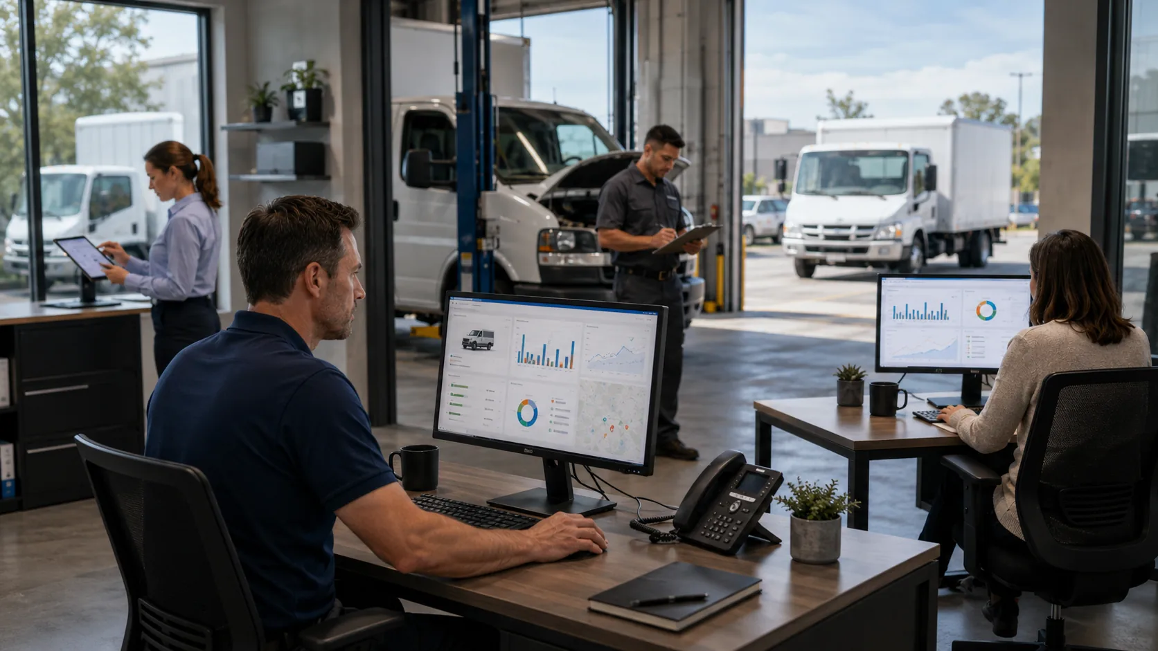 Fleet manager reviewing mismatched data from maintenance, dispatch, and finance teams trying to reconcile conflicting vehicle records