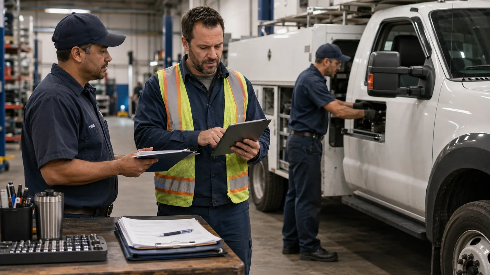 Centralized fleet management dashboard showing overdue tasks, active repairs, and upcoming maintenance priorities