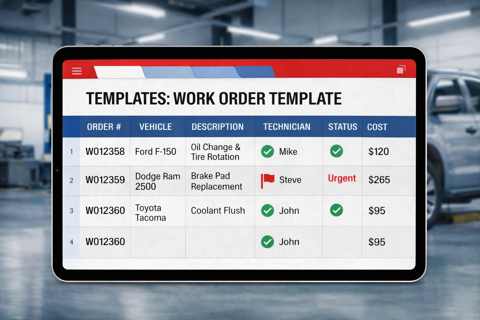 Fleet Maintenance Work Order Template Preview