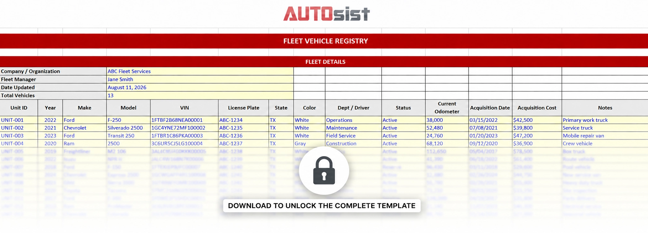 Free Fleet Vehicle Tracking Excel Template Spreadsheet Preview